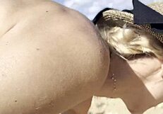 Pretty Babe Cleans Natural Beach at Pacific Ocean.