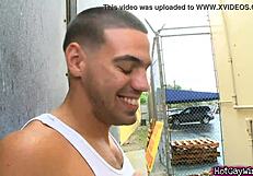 two amateur guys are fucking in public outdoors