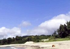 Pretty Babe Cleans Natural Beach at Pacific Ocean.