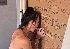 Gloryhole slut, suck and jerk my dick through this doorway