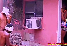 In the local ghetto, naughty college babes engage in a hardcore foursome, riding cocks in POV style.