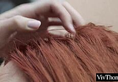 Lesbian redhead fingers a stranger's pussy in panties