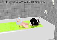 Kokoa strips fully naked in steamy bath for hentai solo show.