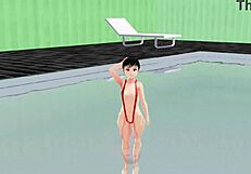 Leo Anime Girl Swims in Small 18+ Micro Bikini with Nip Slip