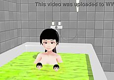 Kokoa strips fully naked in steamy bath for hentai solo show.