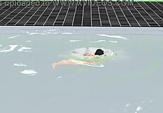 Leo Anime Girl Swims in Small 18+ Micro Bikini with Nip Slip