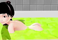 Kokoa strips fully naked in steamy bath for hentai solo show.