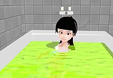 Kokoa strips fully naked in steamy bath for hentai solo show.