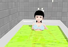 Kokoa strips fully naked in steamy bath for hentai solo show.