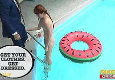 skinny small tits 18yr redhead pale skin teen sneaks into older neighbours house to use the swimming pool