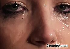 Frisky babe swallows cum load after wild face sucking