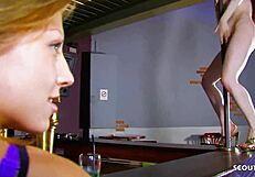 wife watches husband fuck ginger anal in club.