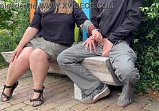 RISK OF BEING SEEN! Chubby anime fan gives handjob in public park.