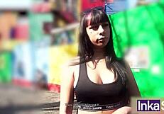 Brunette beauty gets fucked on Bus in Caminito street
