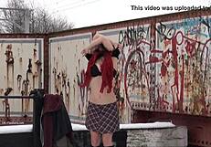 snowy babe flashes outdoors near university for daring thrill