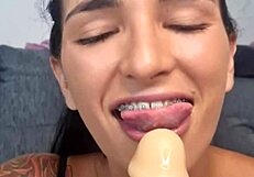 Dirty talking beauty gets double stuffed with pleasure