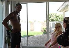 personal trainer enjoys a session with two blonde bbws