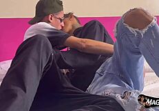 A young Brazilian man enjoys double penetration in gay sex video