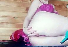 sweet masked blonde masturbates wet pussy with vibrator