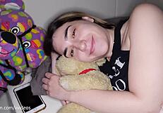 Chastity slave Lexi Grey drinks morning piss then gets rough ass pounding with cum paint.