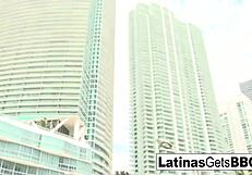 Busty latina redhead moans, 'that monster cock feels so good inside me' during interracial fucking.