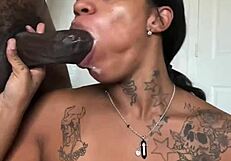Beautiful woman answers questions and gives blow job to black man