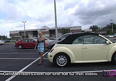 Wild blonde flasher shows tits and ass in public