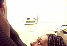 Beautiful black shemale gets anal creampie in a gas station bathroom
