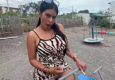 Old Man Intrigues Two Busty Teens in Public Park Threesome