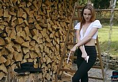 Tiny Teen Kate Great Strips Naked Outdoor Chopping Wood!