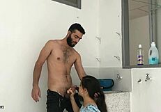 Skinny amateur sucks and gets creampied on balcony