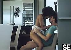 Stunning black Brazilian babe grabs morning cock after coffee