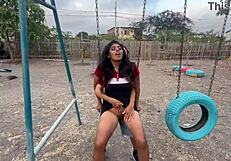 Old Man Intrigues Two Busty Teens in Public Park Threesome