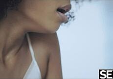 Stunning black Brazilian babe grabs morning cock after coffee