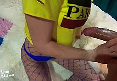 girl in grid sucking deep for double penetration and cum on ass?