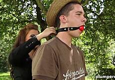 Submissive Gardner Controlled by Two Sadistic Bitches in Stockings!