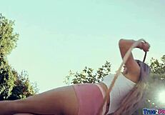 Watch this shaved brunette teen babe give blowjob and get fucked on cam