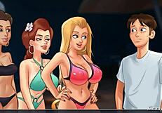 Summertime Saga brings a wild REVERSE GANGBANG on the beach. Just casual horny banging in public with big tits.