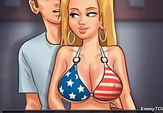 Summertime Saga brings a wild REVERSE GANGBANG on the beach. Just casual horny banging in public with big tits.