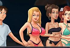 Summertime Saga brings a wild REVERSE GANGBANG on the beach. Just casual horny banging in public with big tits.