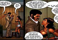 In prison, two ebony girls threesome with giant BBC sheriff.