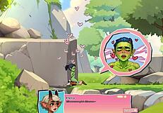 Young female orc face-sits lucky boy in horny nature game scene