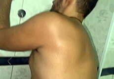 bearded hunk in bathroom surprises with twink sucking his monster cock roughly