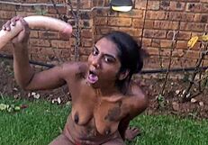 i'm gagging on this dildo, so messy in garden