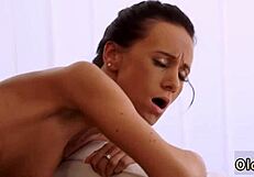 Teen uses huge monster dildo then gets boss dick