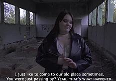 Russian beauty gives sloppy blowjob at abandoned construction site