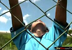 Dark haired latina shemale jerks off big cock outdoors