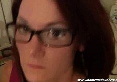 babe with glasses swallows cum in mouth