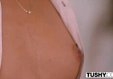 brunette tushy model bent over in cowgirl riding big cock with ass to mouth rimjob and facial.