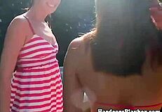 Hot tub fun with an amateur lesbian threesome